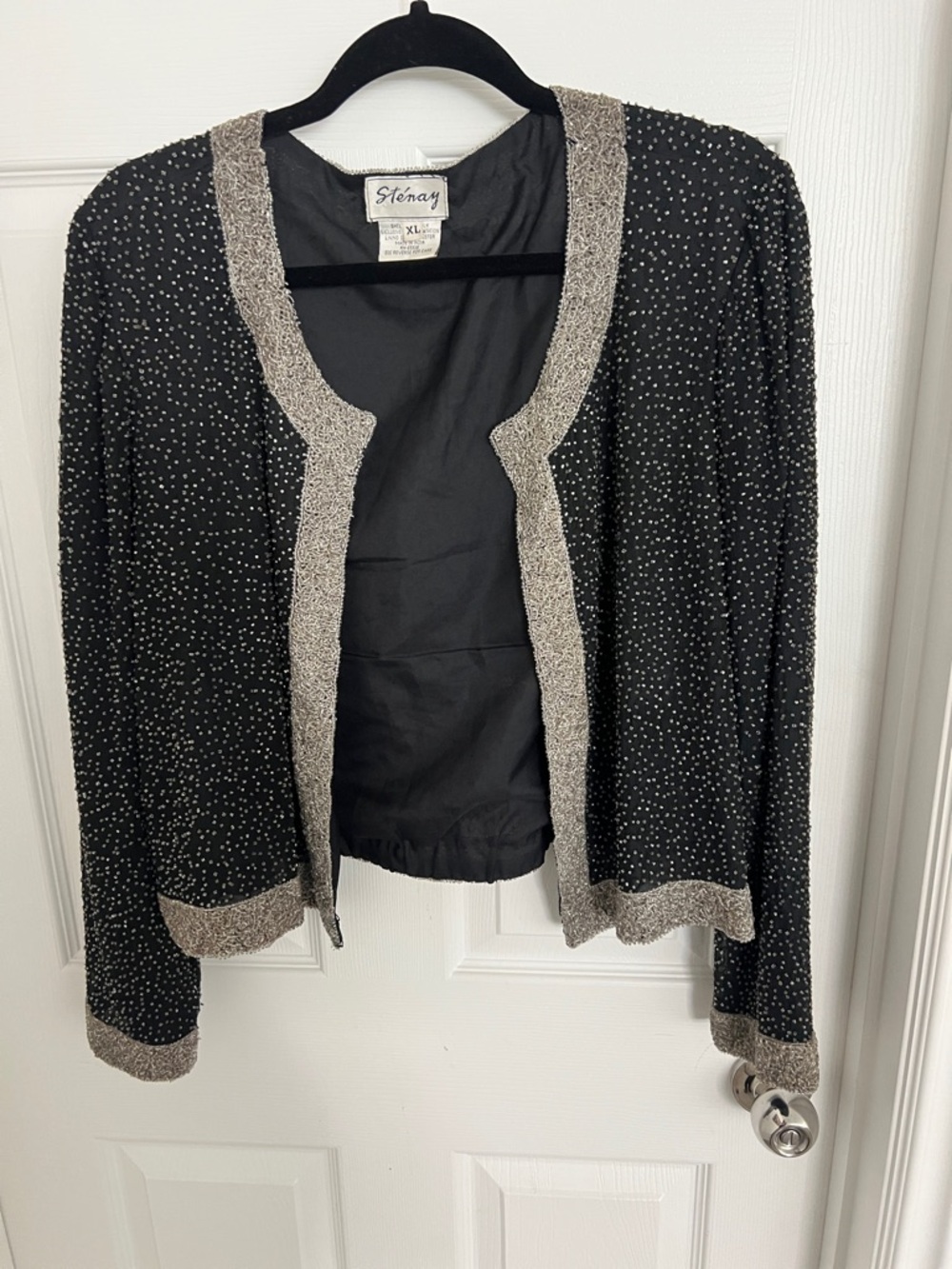 Vintage Stenay Black Cardigan Jacket with Silver Trim and Beading